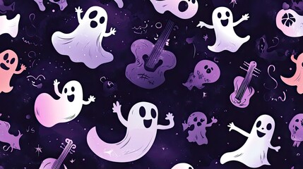 A whimsical, spooky pattern featuring ghosts and musical instruments in a dark purple background