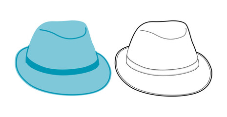 Fedora Hat with band. Head Fashion accessory cap with narrow brim clothing technical illustration. Vector headgear for Men, women, unisex style, flat template CAD mockup sketch outline isolated