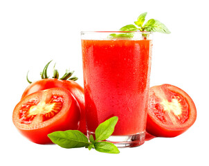 Refreshing tomato juice drink with basil garnish kitchen table setting vibrant colors cut out on transparent background