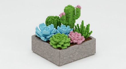 Succulent and cactus plants in pixel style on white background