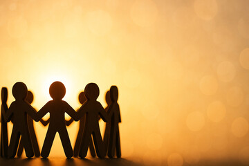 Paper people holding hands silhouette with sunrise light on golden background