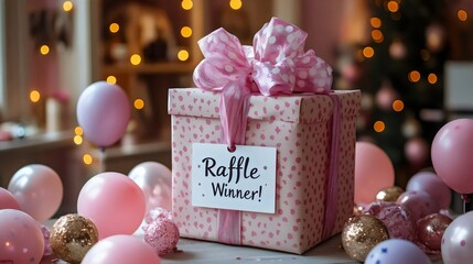 A delightful raffle gift box surrounded by pink balloons, perfect for a celebration.