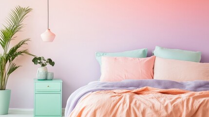 Minimalist bedroom with pastel gradient wall transitioning from blush pink to soft lavender, mint nightstands, and coral linens for serene vibe
