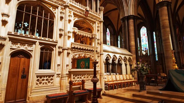 The nave of Salisbury Cathedral Interior displays elegant ribbed vaults and ornate clerestory windows, Salisbury, Wiltshire, England, UK