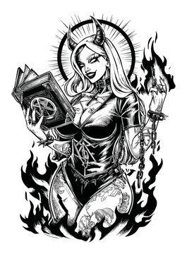 Dark Fantasy Gothic Illustration of a Devilish Woman with Book and Flames