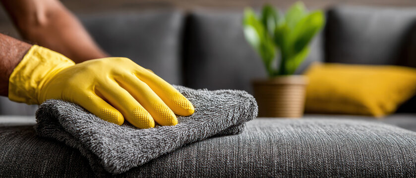 Cleaning with yellow glove shows mysophobia care to disinfect virus from sofa surface in living room with plant and pillow.