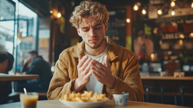 Young man with mysophobia uses sanitizer with caution showing fear while sitting in cafe feeling uneasy about germs on his hands.