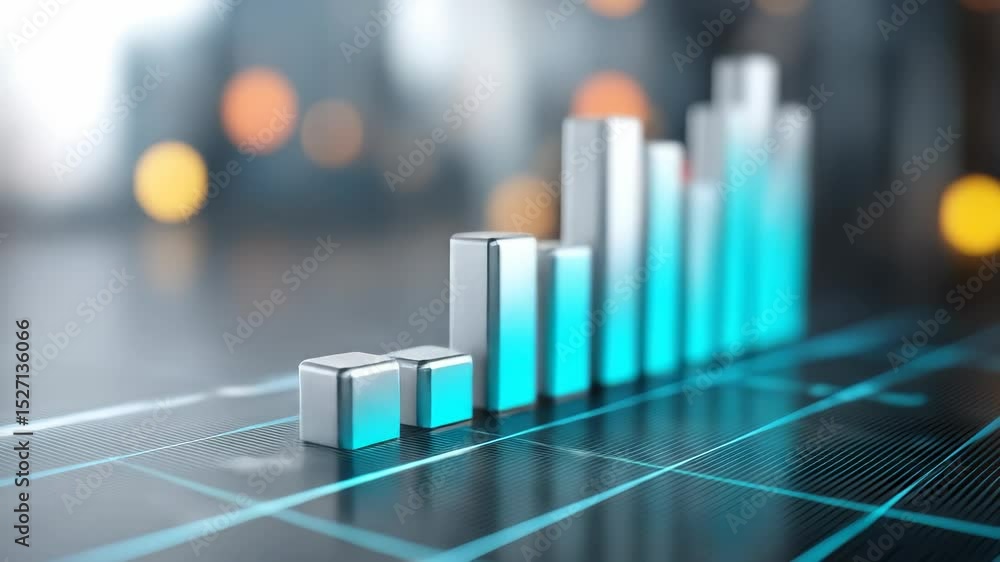 Poster modern bar graph showcases growth and progress business analytics, featuring sleek metallic bars wit