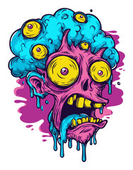 Colorful Cartoon Skull with Crazy Eyes and Dripping Brain Art Design