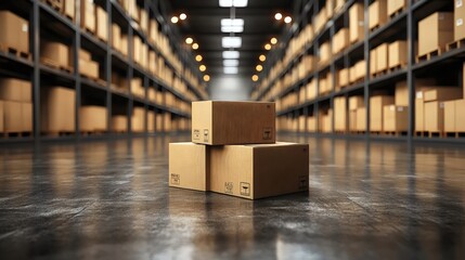 Cardboard boxes stacked on a concrete floor inside a warehouse setting, ready for shipping.