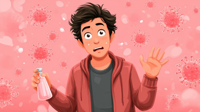 Fear and caution guide this young man with mysophobia holding sanitizer as he avoids germs in pink background filled with virus particles.