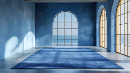 A stunning blue interior with arched windows overlooking the sea and a beautiful blue rug.