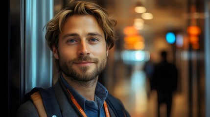 A charming man with a warm smile poses for a portrait in a modern, blurred environment.