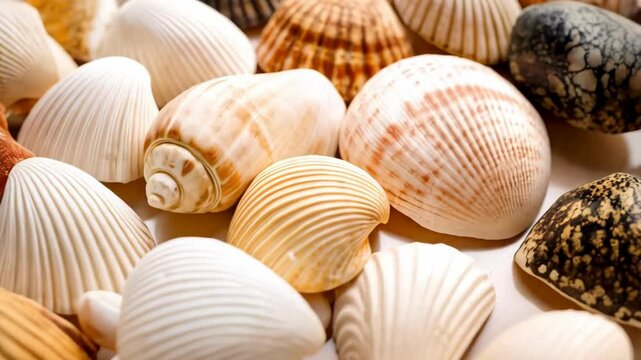 Macro shot of colorful assorted seashells and small stones, displaying variety in shapes, textures, and intricate patterns forming a textured background.