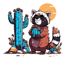 Obraz premium Cute Raccoon Character with Cactus in Colorful Vector Illustration Art