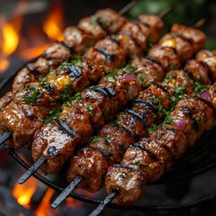 Grilled kebabs on skewers with a beautiful flame in the background, perfect for summer dining.