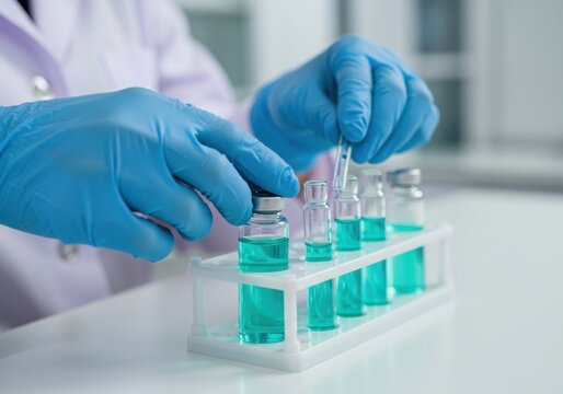 Scientist in lab handling teal liquid samples