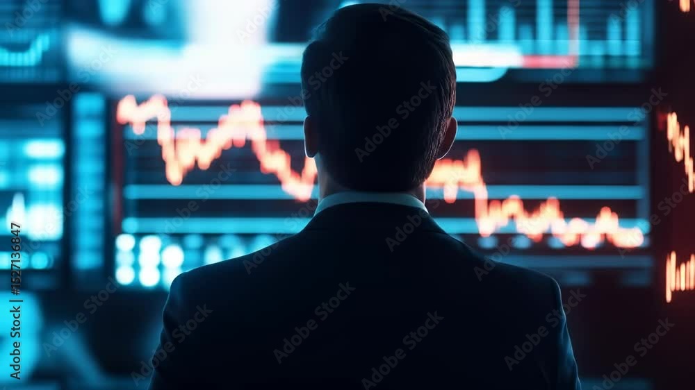 Poster business professional analyzes financial data on digital screens, showcasing stock market trends and