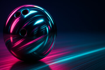 Shiny chrome bowling ball with neon reflections on modern lane