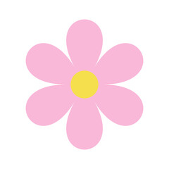 Minimalist pink flower with six rounded pink petals and a yellow center. Pastel flat flower icon. Cute cartoon floral element. Vector Illustration
