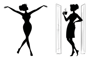 Elegant Hand-Drawn Silhouettes of Women in Graceful Poses and Settings