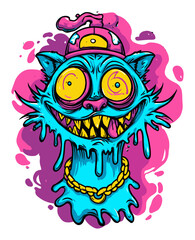 Fototapeta premium Colorful Cartoon Cat Character with Dripping Design and Whimsical Expression