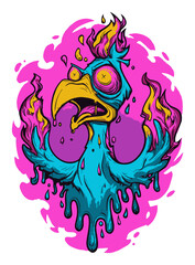 Obraz premium Colorful Cartoon Bird with Flames and Dripping Paint in Vibrant Background