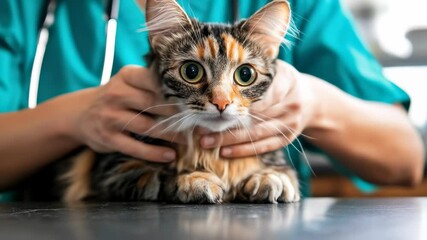 Caring Veterinarian Examines Fluffy Calico Cat in Clinic, Highlighting Importance of Pet Care, Animal Health, and Regular Check Ups for Furry Companions.
