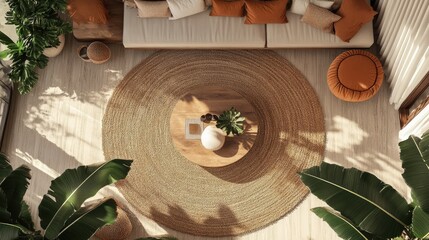 Overhead view of a boho living space with floor cushions, round coffee table, woven rug, and large green plants