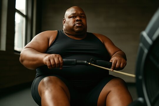 Photorealistic depiction of a plus size man exercising on a rowing machine in a gym setting during daylight hours