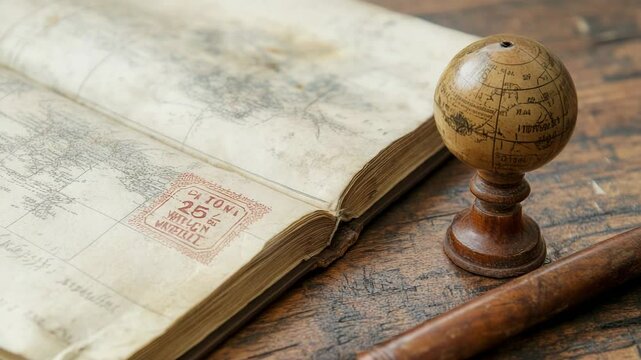 An antique map lays open, showcasing intricate details and vintage stamps. A small globe and a wooden stamp rest beside it, evoking a sense of adventure and exploration.