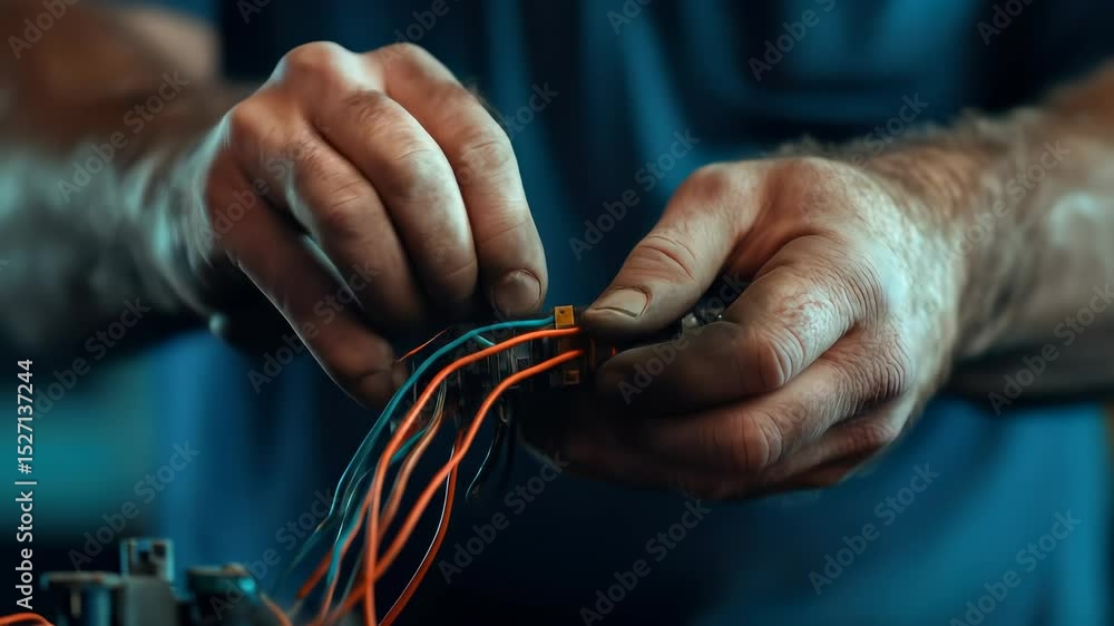 Poster hands skillfully connecting electrical wires in workshop, showcasing craftsmanship and attention to 
