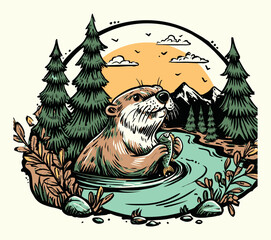 Playful Otter Fishing in a Scenic Nature Setting with Trees and Mountains