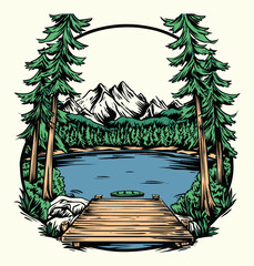Serene Lake Escape with Mountain View and Lush Greenery Illustration