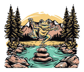 Vibrant Cartoon Frog Balancing on Rock in Scenic Nature Adventure Illustration