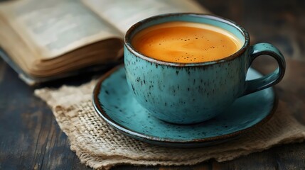 A serene moment: A cup of coffee and a book create a perfect atmosphere for relaxation.