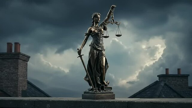 Bronze statue of Lady Justice on a rooftop