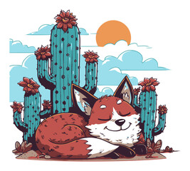 Playful Fox Relaxing Among Cacti in Colorful Vector Illustration
