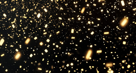 Fototapeta premium Abstract digital art featuring a sparkling shower of golden confetti and dust against a dark black background, evoking celebration.