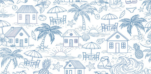 Blue tropical beach seamless pattern. Ink drawing summer vacation print with houses, palms, sea scene, sunset, elements. Cute vector illustration, textile design, exotic wallpaper, repeat background