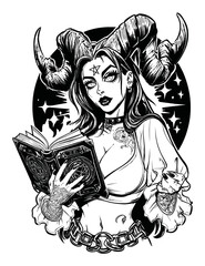 Intriguing Gothic Fantasy Illustration of a Dark Sorceress with Book
