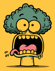 Funny Hand Drawn Broccoli Character with Cartoonish Expressions on Yellow Background