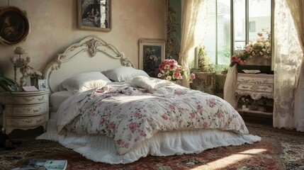 Romantic bedroom with soft lighting, floral prints, pastel colors, and vintage decor for a delicate ambiance