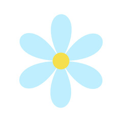 Minimalist flower with six blue petals and a yellow center. Pastel flat flower. Cute cartoon floral element. Vector Illustration