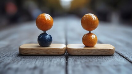 Wooden sculptures with colorful spheres are arranged on a wooden table with a shallow depth of field.