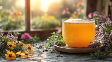 Glass Mug with Orange Liquid on Wooden Coaster with Flowers