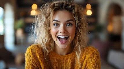A woman with blonde, curly hair and a big smile expressing pure joy and happiness.