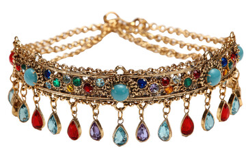 Ornate Gold Necklace Adorned with Colorful Gemstones and Teardrop Pendants
