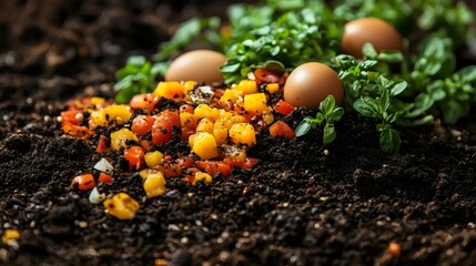 A macro shot of fresh vegetables and eggs nestled in rich, fertile soil, promoting a healthy lifestyle.