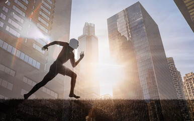 Man running in city on path to success, commitment, opportunity business concept 